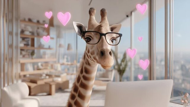 Giraffe beim Online-Dating mit Herzsymbolen in modernem Penthouse. K&uuml;nstliche Intelligenz KI