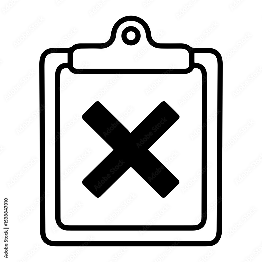 Poster outline style image depicts a clipboard with a document featuring a large, prominent x symbol centra
