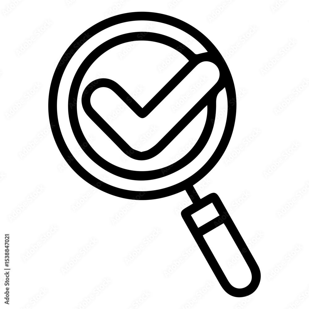 Poster outline style image depicts a magnifying glass with a large checkmark symbol inside its lens, symbol
