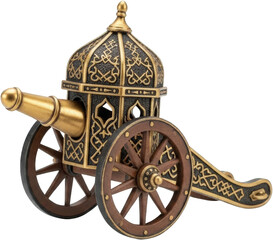 Ornate Decorative Cannon Model Gold and Brown Intricate Design Wooden Wheels