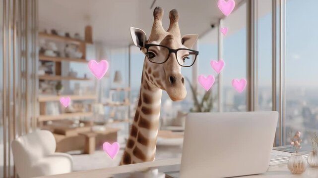 Giraffe beim Online-Dating mit Herzsymbolen in modernem Penthouse. K&uuml;nstliche Intelligenz KI