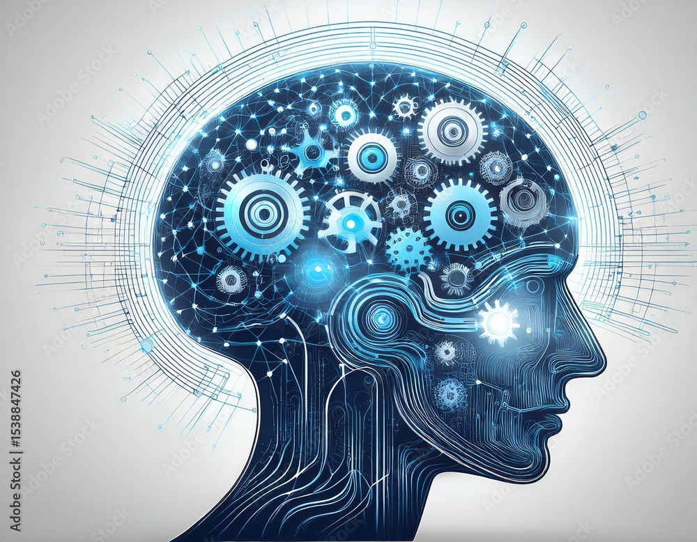 Poster digital brain with gears and connections artificial intelligence concept illustrating technology, ma
