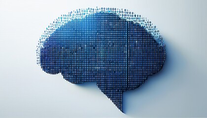 Digital Brain Concept Binary Code Forming a Human Brain Shape on White Background - AI, Data, Technology