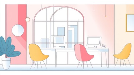 Minimalist line art depicts a modern, brightly lit office space with two desks, chairs, and plants, conveying a calm and productive atmosphere