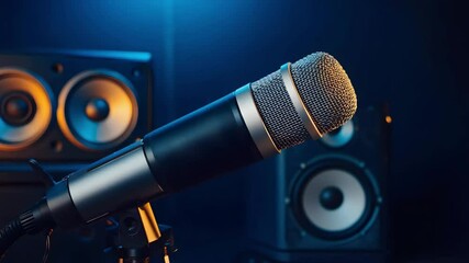 Close up of a microphone on a stand with speakers in the background under blue and orange lighting. Studio microphone with background speakers. Professional mic in podcast setup