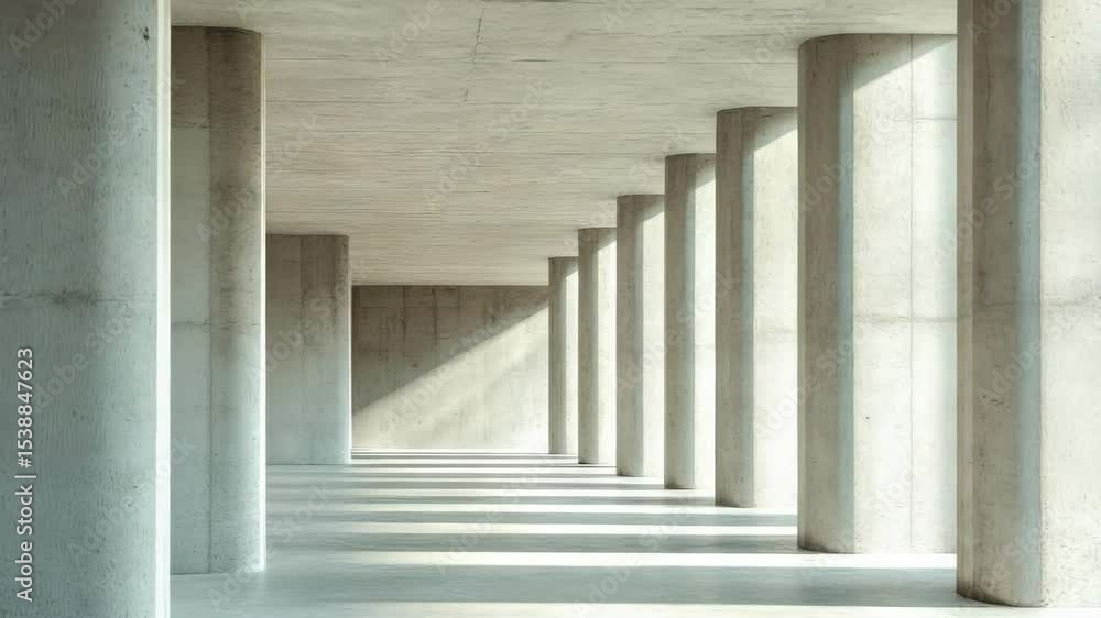 Poster modern architectural structure with repeating concrete pillars and shadows creating a symmetrical pa
