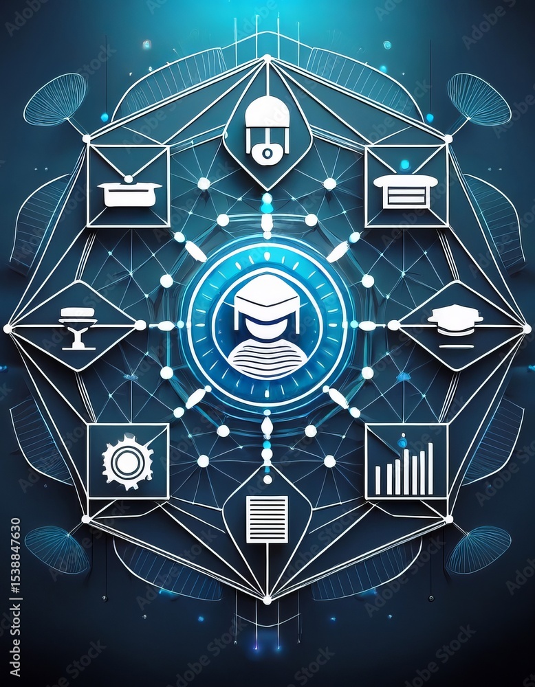 Aufkleber digital education and knowledge network abstract futuristic concept with icons representing learning