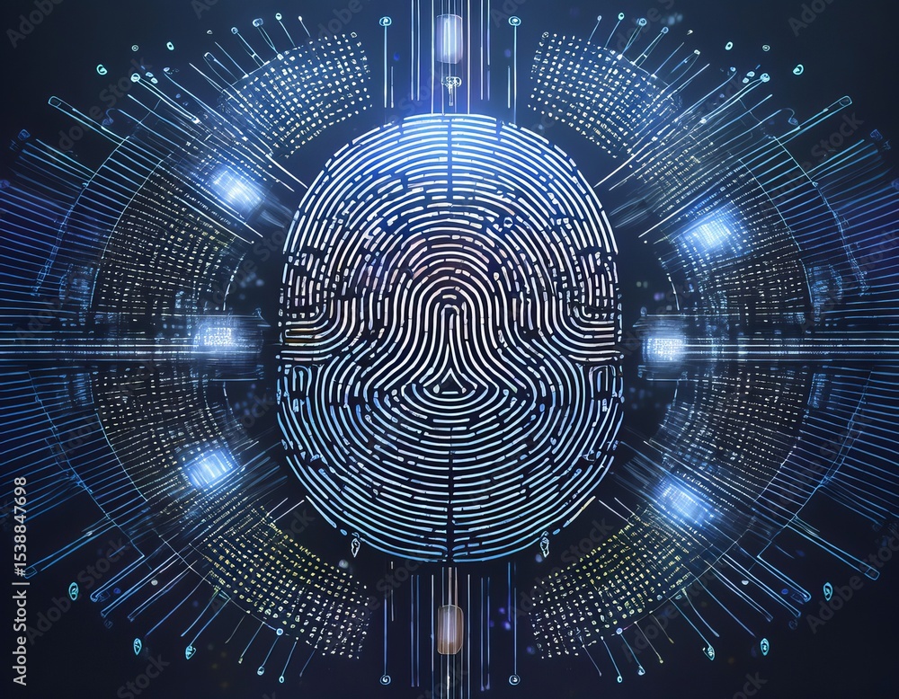Poster abstract digital fingerprint brain concept illustrating technology, security, artificial intelligenc
