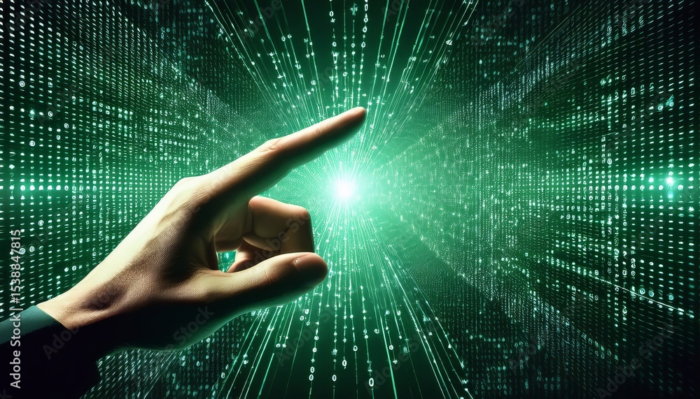 Fototapete hand touching digital binary code interface in virtual reality, ai concept for data processing, netw