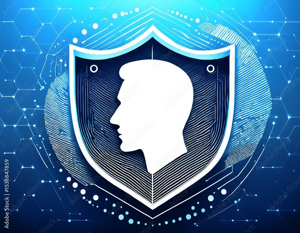 Poster digital identity protection and security shield with human silhouette, fingerprint and connected net
