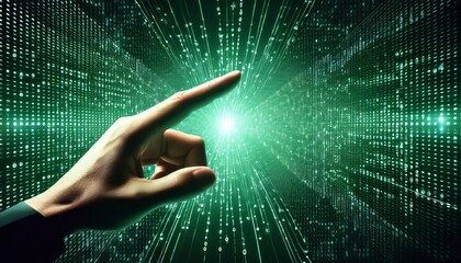 Hand Touching Digital Binary Code Interface in Virtual Reality, AI Concept for Data Processing, Network Security, and Cybersecurity, Digital Transformation