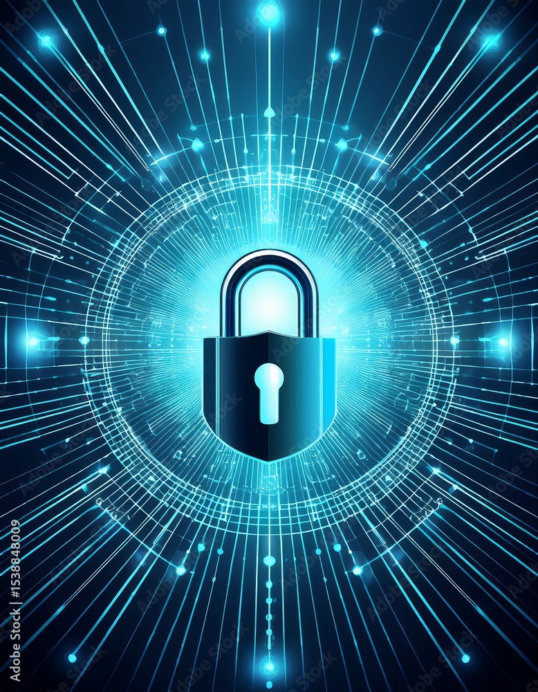 Poster digital security concept cybersecurity protection with glowing lock and data flow, secure online net