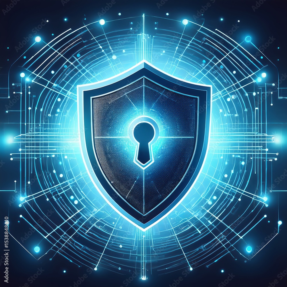 Poster digital cybersecurity shield concept with glowing lines and circuitry - data protection and informat