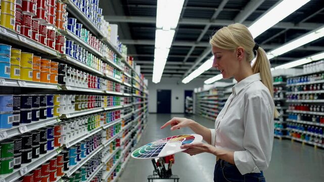 Woman choosing paint color in hardware store