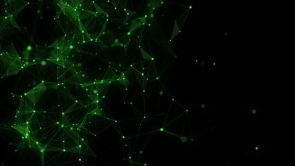 Network connection structure. Abstract green background with moving dots, lines and triangles. Futuristic illustration. Digital technology design. 3d rendering