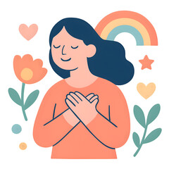 Smiling Woman Meditating with Hands on Heart Surrounded by Pastel Rainbow
