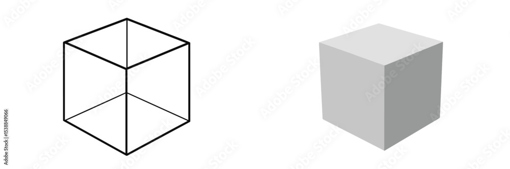 Poster visual comparison between a three-dimensional wireframe cube and a solid cube