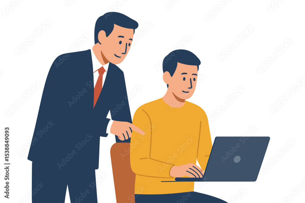Poster professional interaction between a mentor and a mentee in a modern office setting during the daytime