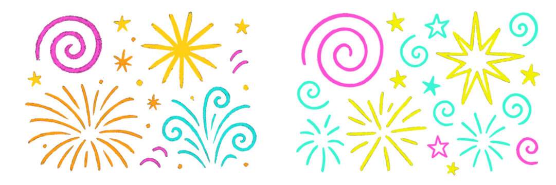 Bright and colorful firework designs in various shapes and patterns for celebratory events