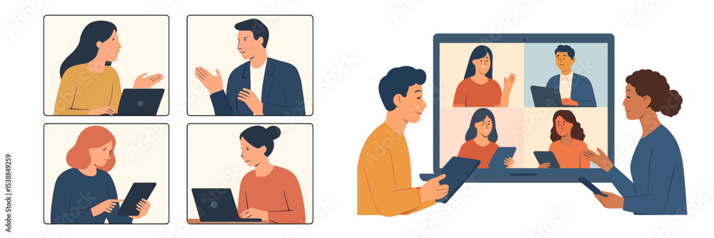 Aufkleber collaborative online meeting featuring diverse individuals engaging with technology at a virtual wor