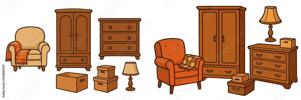 Poster furniture collection including armchairs and storage units in simple design on a light background