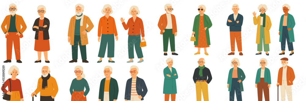Aufkleber Diverse group of elderly characters dressed in colorful outfits in a cheerful setting showcasing various styles and expressions