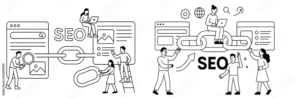 Poster exploring seo strategies through teamwork and digital tools in a creative workspace