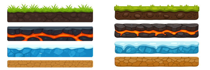 Colorful game assets showcase diverse terrain including grass, rocks, lava, water, and dirt suitable for 2D platformer design