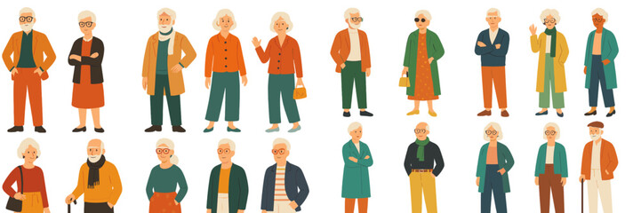Diverse group of elderly characters dressed in colorful outfits in a cheerful setting showcasing various styles and expressions