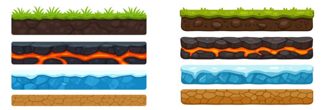 Colorful game assets showcase diverse terrain including grass, rocks, lava, water, and dirt suitable for 2D platformer design