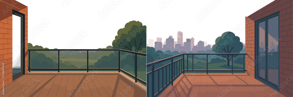Poster scenic balcony view showcasing a transition from daytime to evening over a city skyline with lush gr