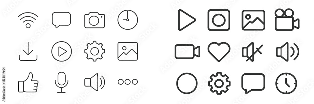 Poster various digital icons representing communication, media, and technology in a modern design for user 