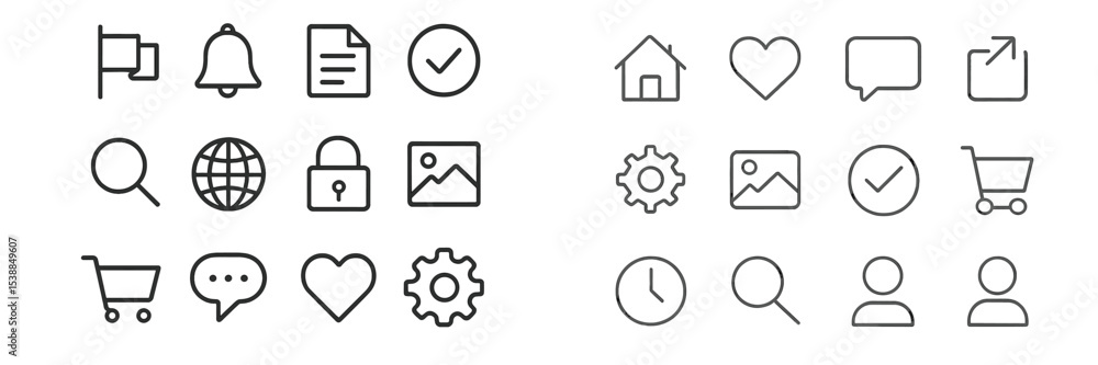 Poster Various simple line icons representing common digital actions and concepts suitable for website design or application interfaces