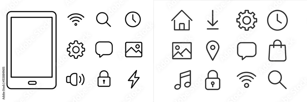 Poster Minimalistic set of digital icons representing various smartphone functions and applications on a clean background