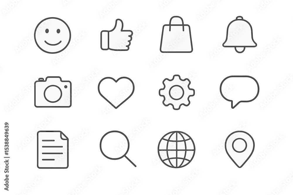 Poster collection of simple line icons representing various emotions and activities in a modern digital sty