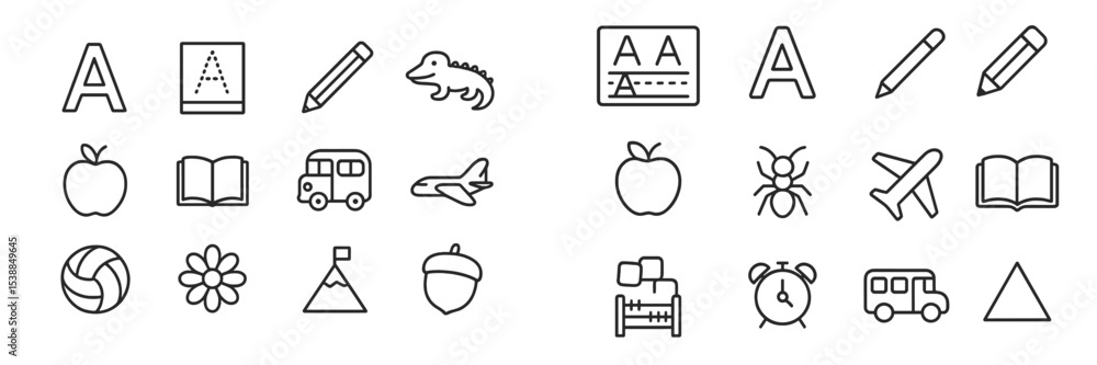 Aufkleber collection of educational icons showcasing various objects and activities suitable for learning envi