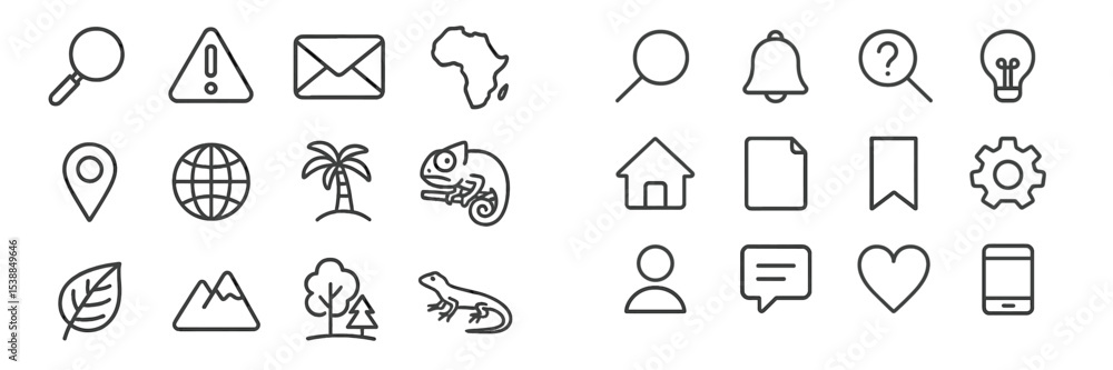 Aufkleber Icons representing various concepts such as travel, nature, and communication arranged in a grid layout for easy reference