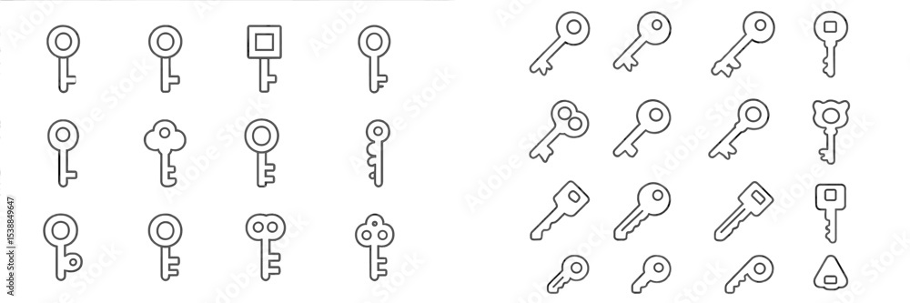 Aufkleber collection of different key designs arranged in a grid, showcasing various shapes and styles for art