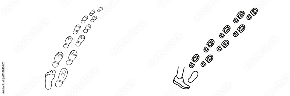 Aufkleber Footprints in different styles show varied walking patterns on a simple background, captured in a minimalist design
