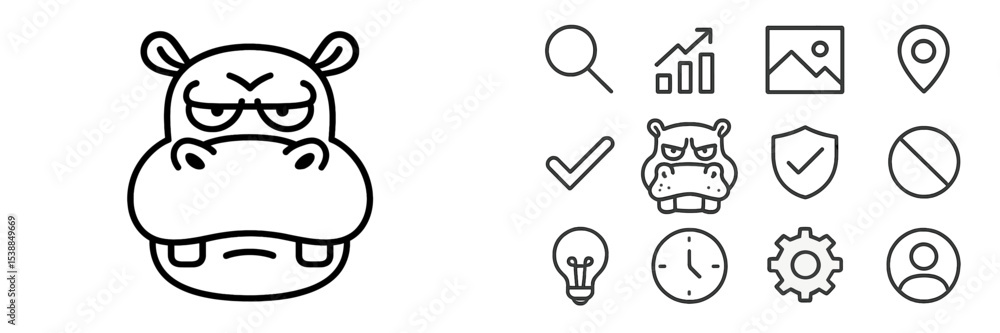 Poster Hippo character design with various icons illustrating creativity and business concepts