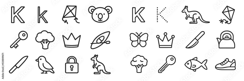 Aufkleber Collection of simple line drawings featuring animals and everyday objects in a playful arrangement suitable for children's education