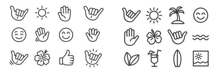 Fun tropical icons representing summer activities, relaxation, and beach vibes in a cheerful design