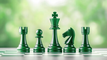Green strategy chessboard with pieces arranged to represent tactical moves and leadership.