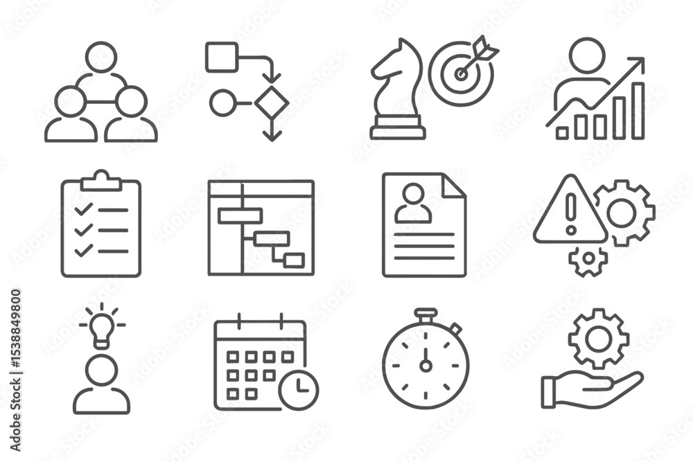 Poster icons representing business management tools and strategies for effective project planning and team 