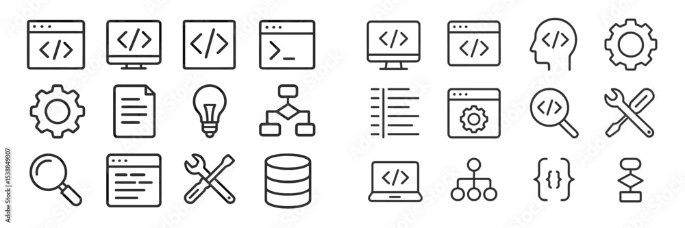 Leinwandbilder Diverse collection of coding and technology icons representing various programming concepts and tools in a clean layout