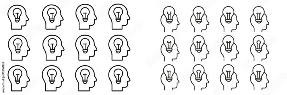 Poster creative brainstorming concepts illustrated through human head profiles holding light bulbs in a gri