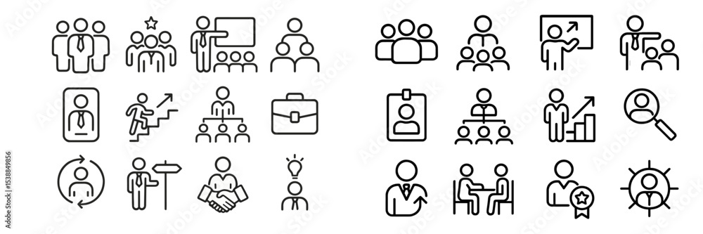 Poster collection of simple icons depicting business activities and teamwork concepts designed for professi