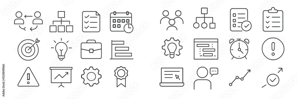 Poster collection of various icons representing teamwork, planning, and productivity in a monochrome style