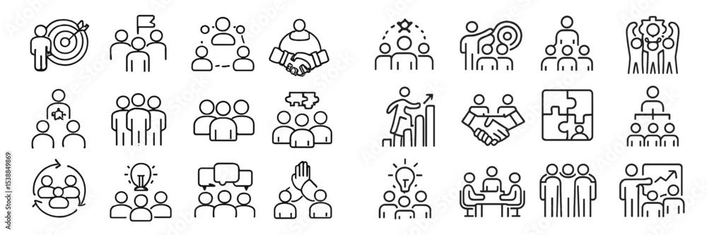 Poster Diverse collection of teamwork and collaboration icons illustrating various business concepts and group dynamics