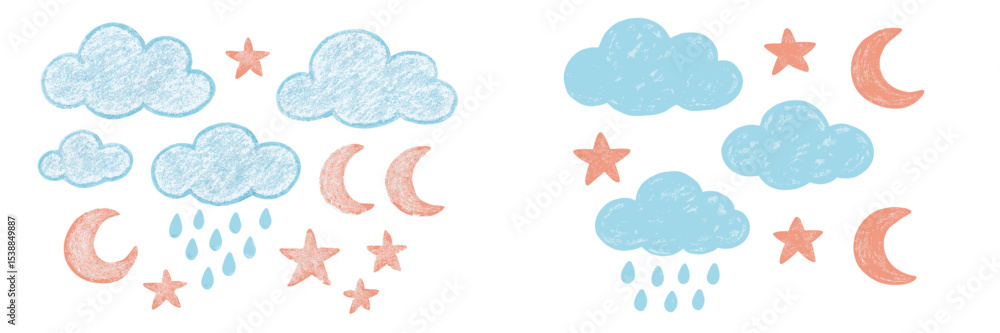 Poster Cloudy sky with moon and star patterns in pastel colors displayed on a white background